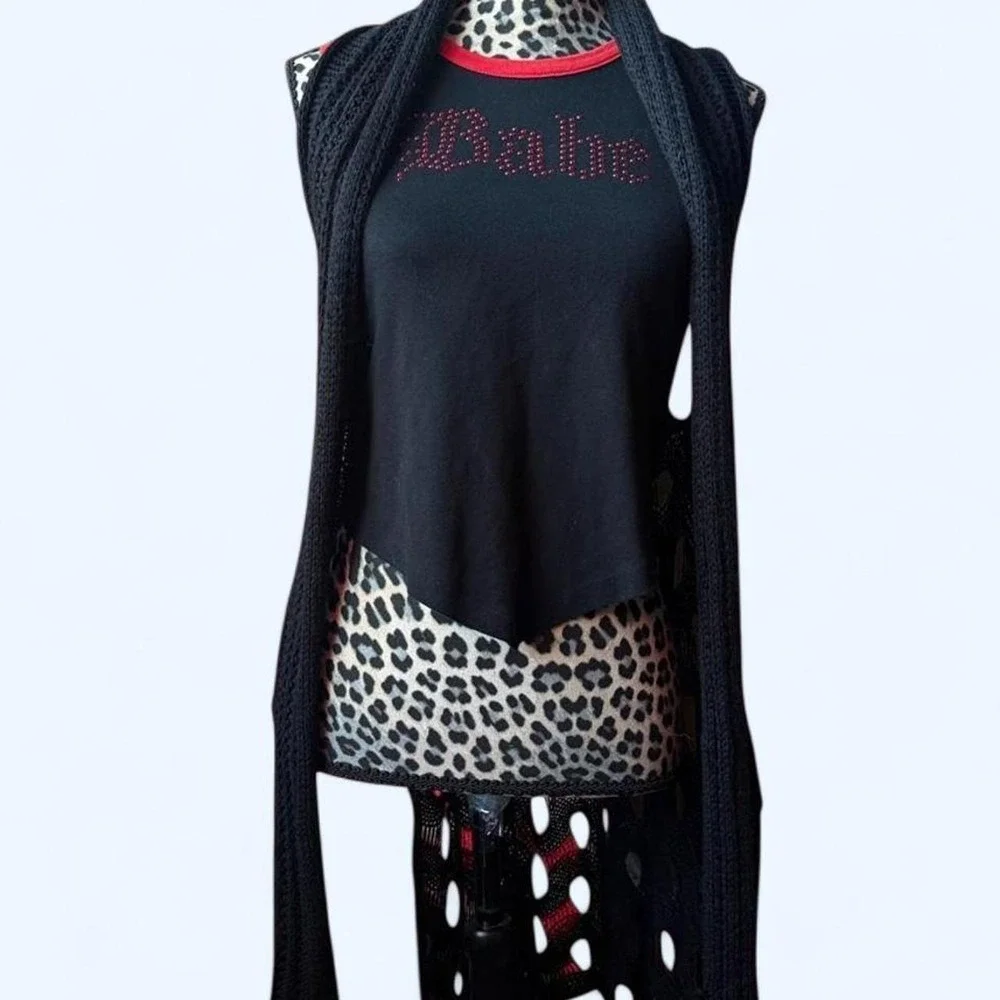 Black Open Knit Crochet Longline Sleeveless Cardigan Vest Medium